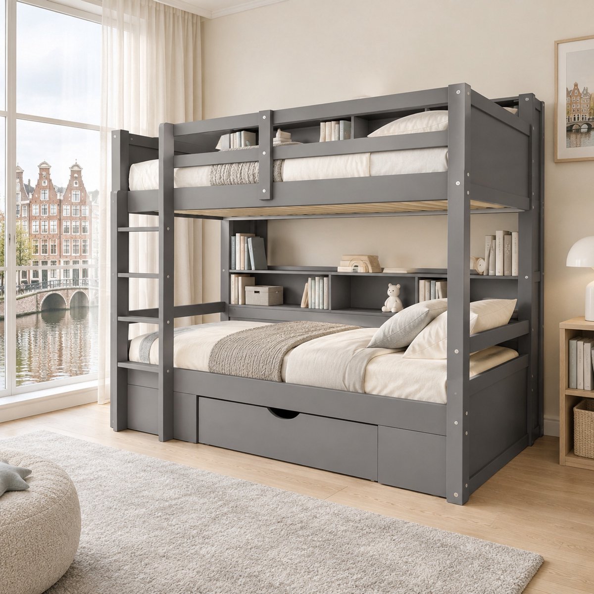 WUVRIE Stapelbed 90x200 cm met lade, opbergvakken en veiligheidshekken, grijs