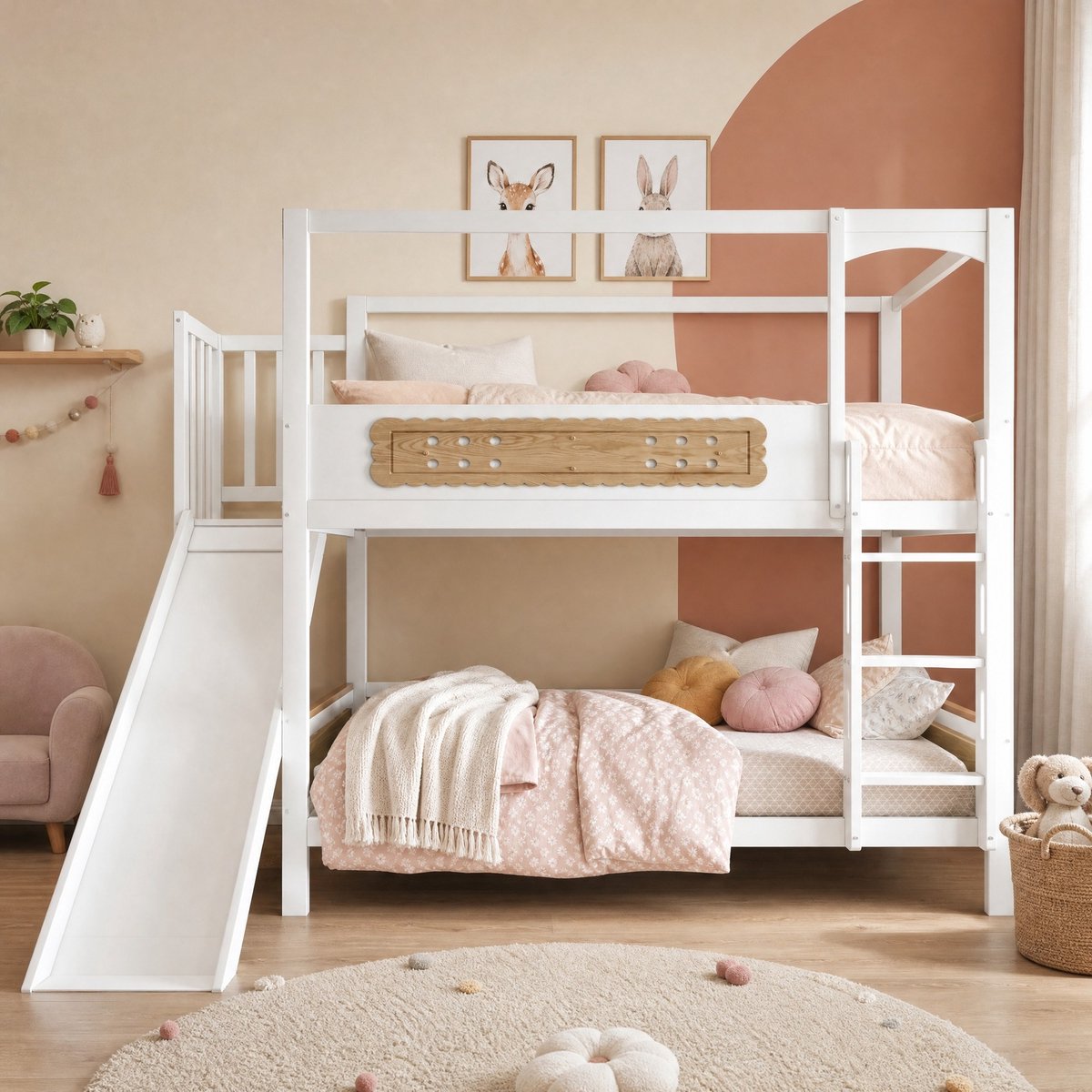 WUVRIE Kinderstapelbed 90x200 cm met glijbaan, brede ladder, huisvormig frame en hekken, wit/naturel
