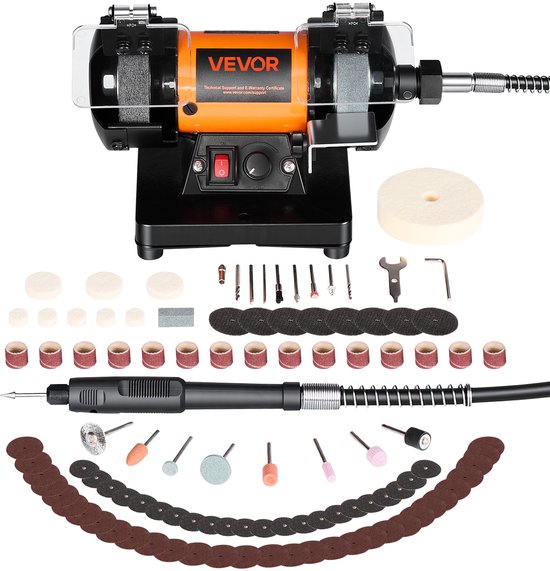 VEVOR Dubbele Slijpmachine 8300–10600 RPM Instelbaar, Dubbele Slijpmachine met Slijp-, Vezel- en Wollen Slijpschijven, 100-Delige Accessoire Set, Tafelslijpmachine voor Sieraden, Hout, Metaal, Ruwe Steen, Jade (Doe-Het-Zelf)