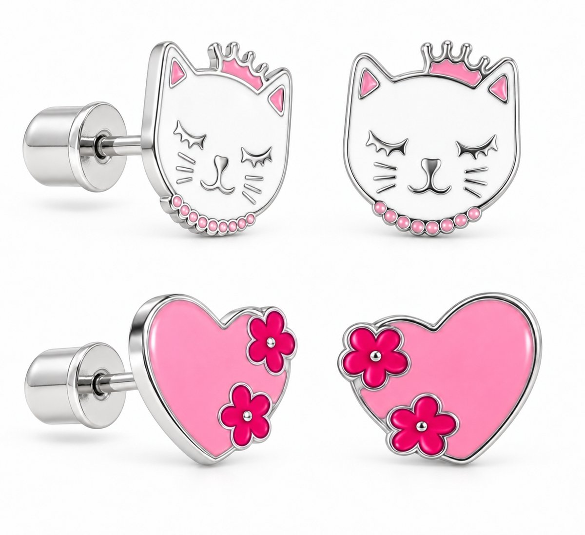La Rosa Princesa Kinderoorbellen Set Bloem Hart Kat Oorknopjes Meisje - 316L Chirurgisch Staal - Zilverkleurig