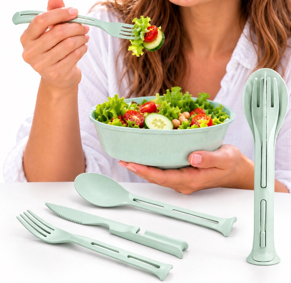 3-delige Bestekset Groen – Mes Vork en Lepel – Tarwestro & Kunststof – Herbruikbaar Kinderbestek – Camping Picknick Lunchbox Reisbestek