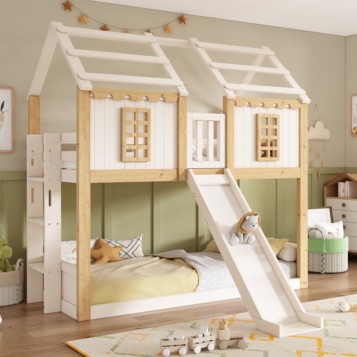 DESMIU Stapelbed 90x200 cm – Kinderhuisbed Met Glijbaan – Ladder Links of Rechts – 360 Graden Valbeveiliging – Hout – Wit Naturel – Zonder Matras