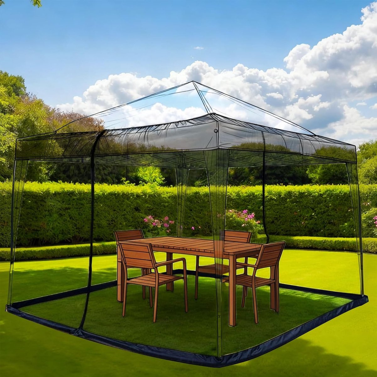 SnelShoppen - Muskietennet Paviljoen 3x3 m - Insectenbescherming met Ritssluiting - Verstelbaar Fijn Vliegengaas - Outdoor Tuin Terras Camping (Zwart)