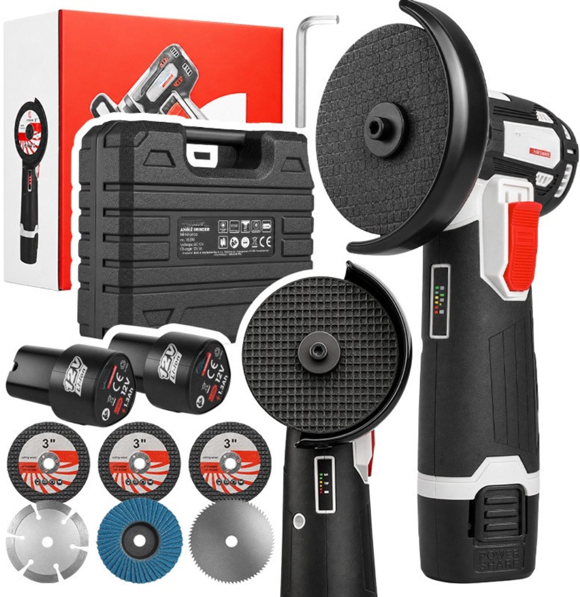MOZY® - Haakse Slijper in Koffer - 19.500 rpm - met 2 Accu's - Inclusief 6 Slijpschijven - 76 mm - voor Metaal, Hout, Staal, Steen en Kunststof - Gereedschap