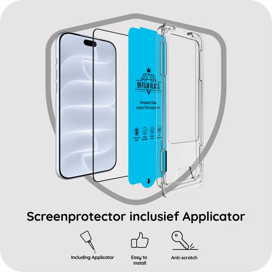 Set met screenprotector en applicator voor een gemakkelijke installatie en krasbescherming.