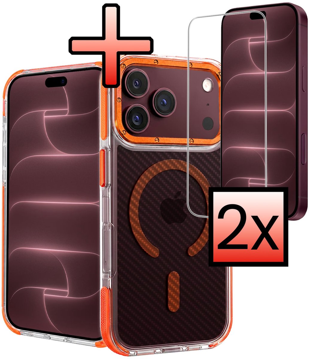 Hoesje - Met 2x Screenprotector - Geschikt voor Apple iPhone 18 Pro - Magsafe Compatible - Carbon Look - Sterk & Shockproof - Back Cover - Shock Proof Case - Telefoon Hoes - Oranje