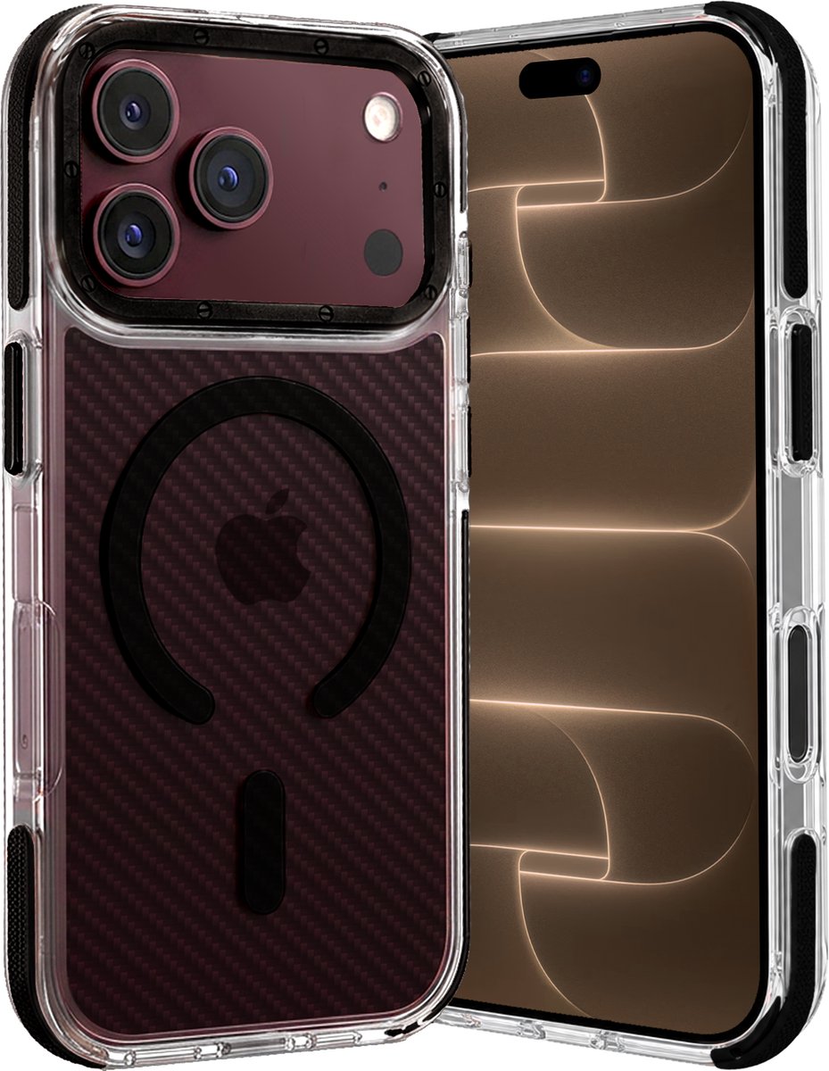 Hoes - Geschikt voor Apple iPhone 18 Pro - Magsafe Compatible - Carbon Look - Sterk & Shockproof - Back Cover - Shock Proof Case - Telefoon Hoesje Shockproof - Zwart