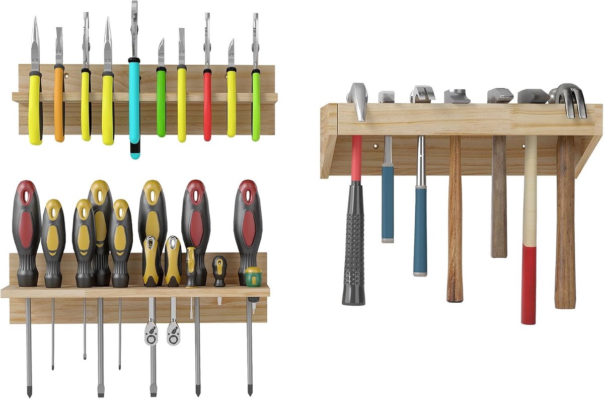 SnelShoppen - Pack van 3 Houten Wandplanken voor Gereedschap - Optimale Opslagoplossing - Stevige Wandmontage voor Werkplaats en Garage - Ruimtebespar