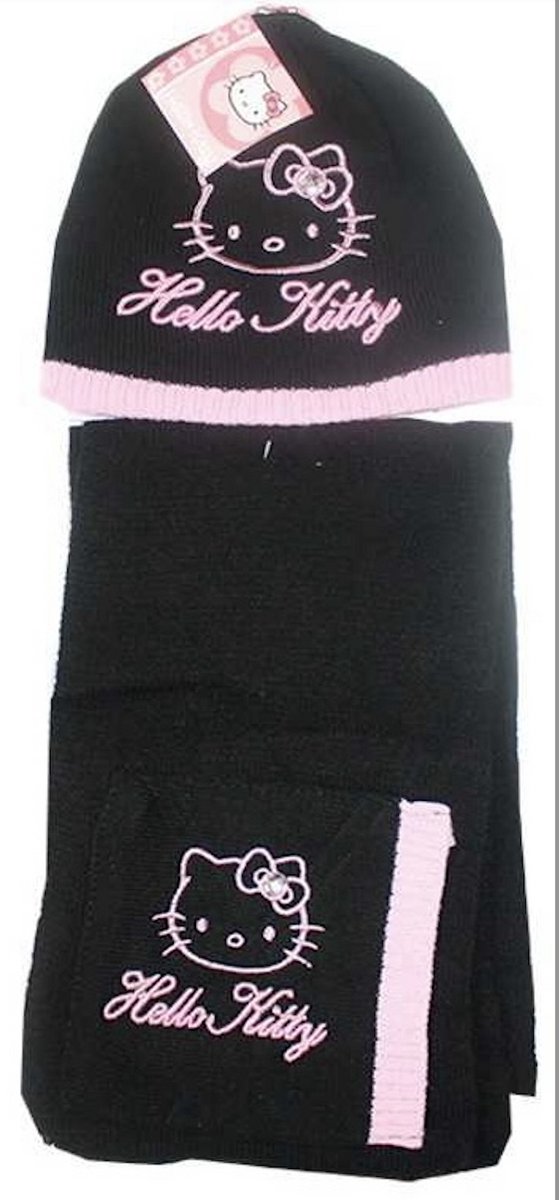 Hello Kitty Winterset - Muts+ Sjaal - Zwart/Roze - Maat 54 cm (4-8 jaar)