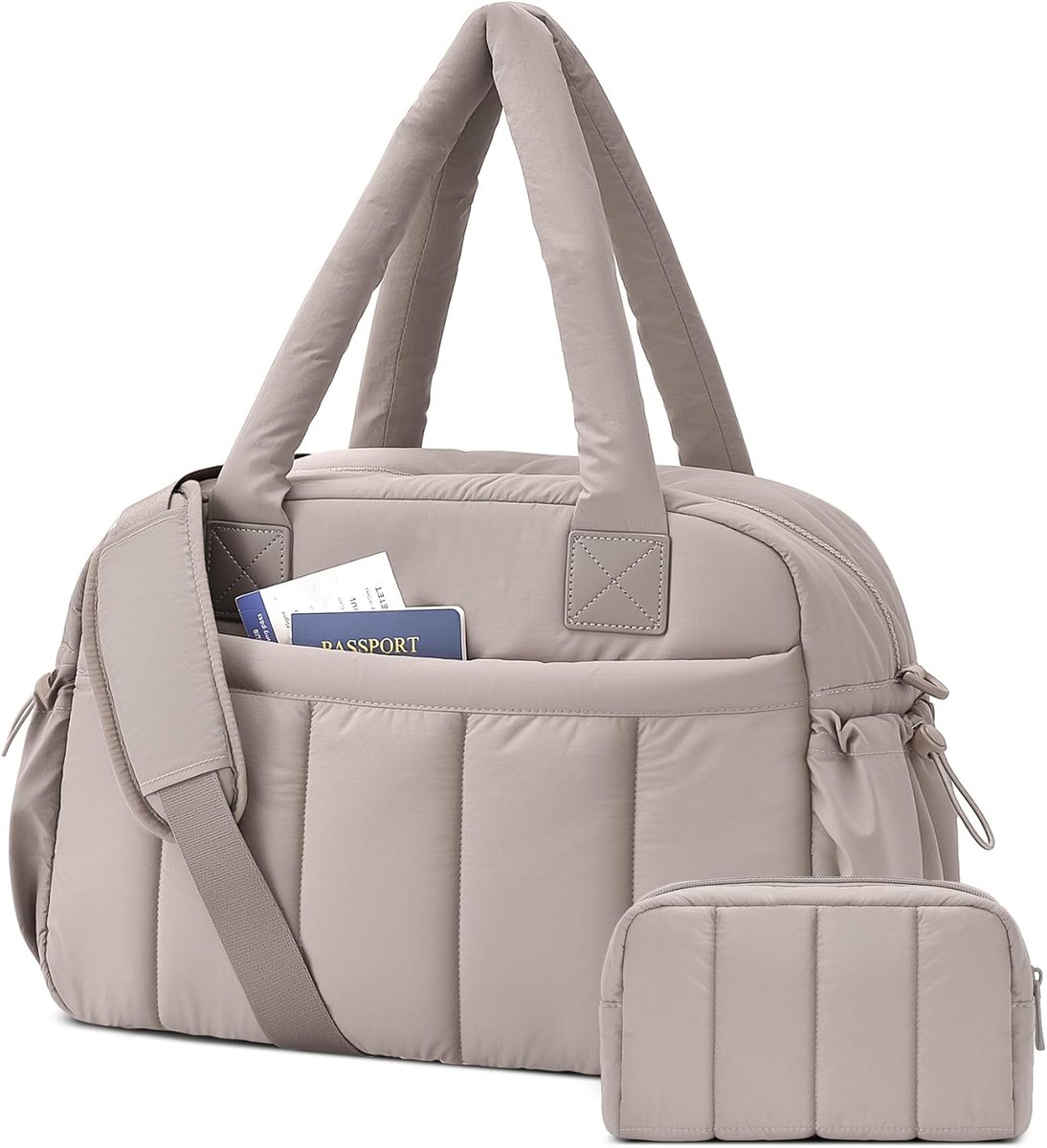 SnelShoppen - Reisbagage Puffer Sporttas 24L Vouwbare Handbagage Dufflebag met PVC Toilettas, Gymtas voor Dames, Camel, Medium