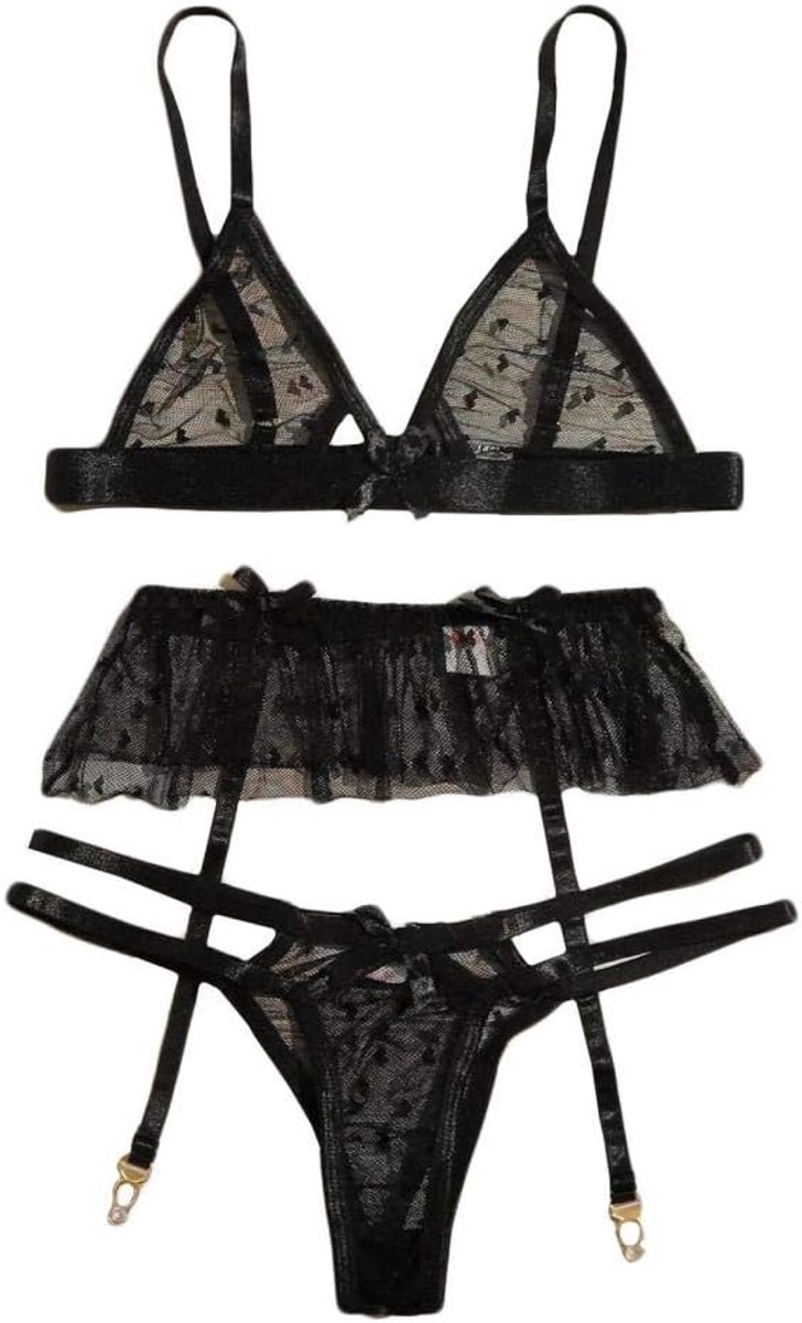 Lingerie Dameslingerie Vrouwen Bandage Ondergoed G-String Kanten Beha Kousenband Sexy Lingerie set-black_xxl