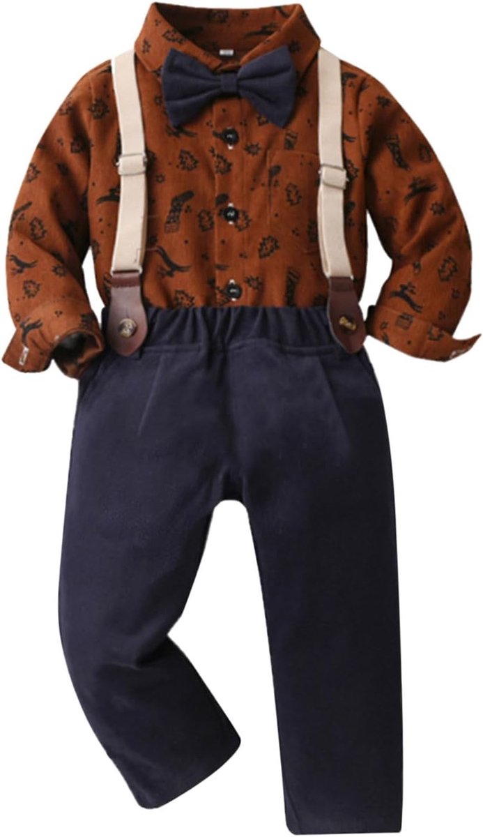 Kerstshirt met lange mouwen voor jongens, tops en broeken met stropdas, cartoon-print, outfit voor heren