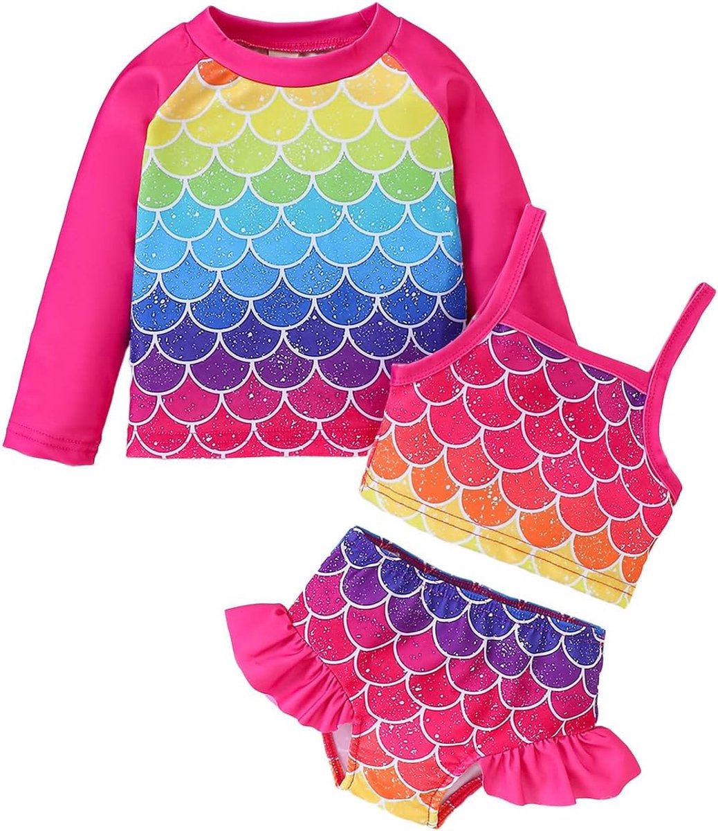 3-delige rashguard badpakset voor kleine meisjes met lange mouwen, badmode, tankini, UPF-zonbescherming voor zomer, badkleding, 12 maanden - 5 jaar, Roze rode visschubben, 12-18 Maanden