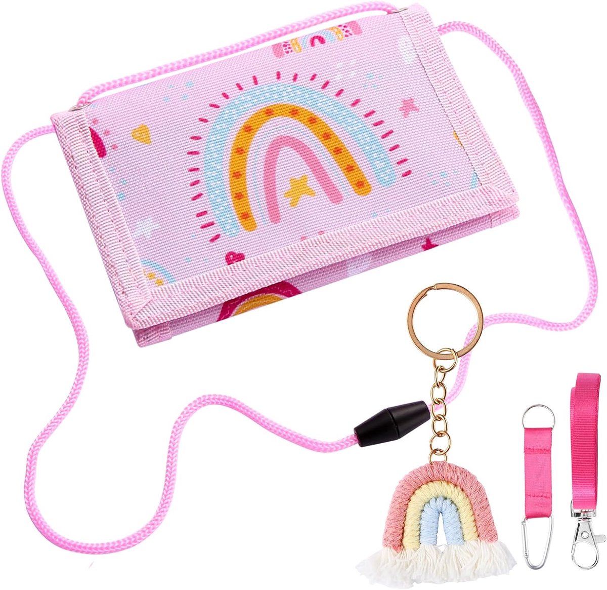 Borsttas voor kinderen, drievoudig, gevouwen portemonnee om te hangen, cadeau met regenboogsleutelhanger, schoolkind voor meisjes, voor munten, kaarten en biljetten