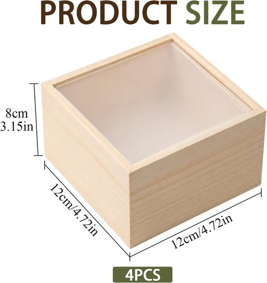 4 houten kisten met schuifdeksel van acryl, 12 x 12 x 8 cm — afbeelding 2
