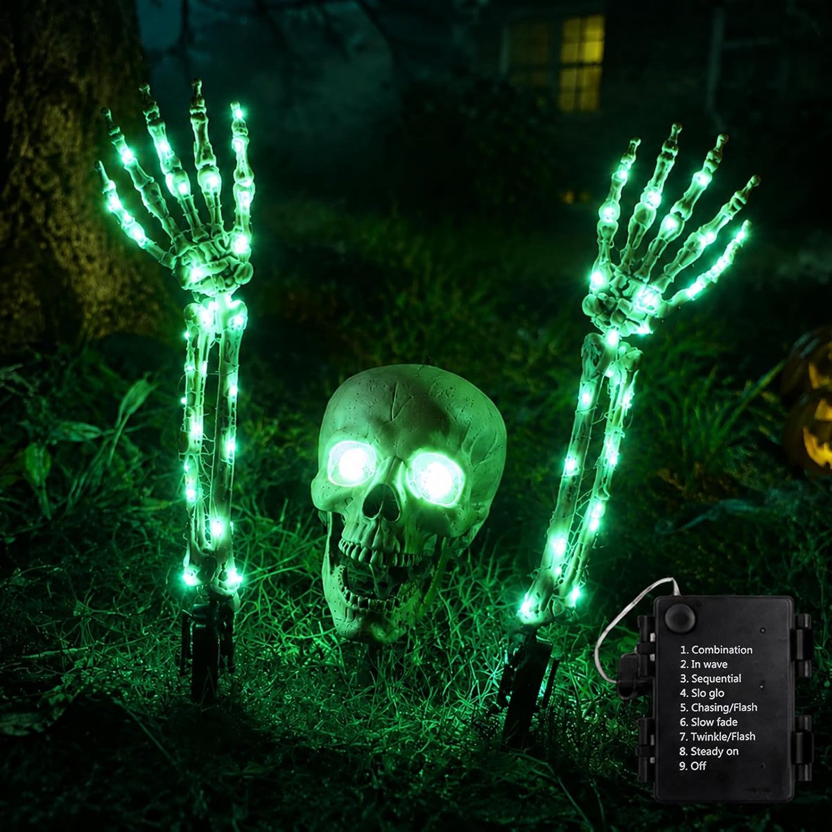 Led-schedel met 2 skeletarmen voor de tuin