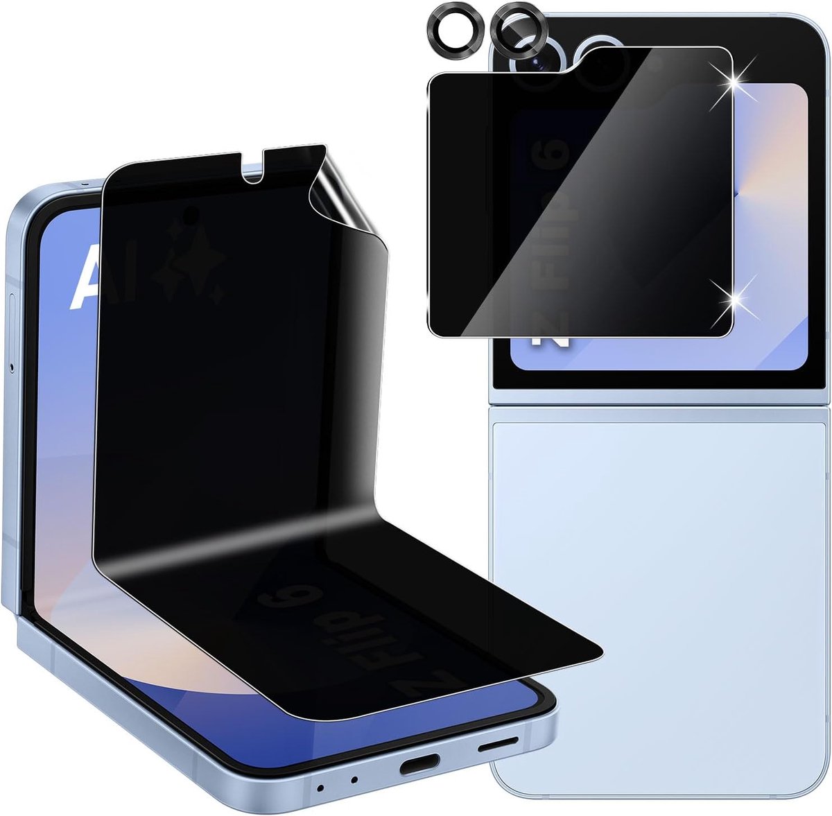 [1+1+1 stuks voor Samsung Galaxy Z Flip 6 5G TPU privacybeschermfolie + anti-spy privacy privacy beschermfolie + camera pantserglas, 9H anti-kras anti-luchtbellen privacy beschermglas