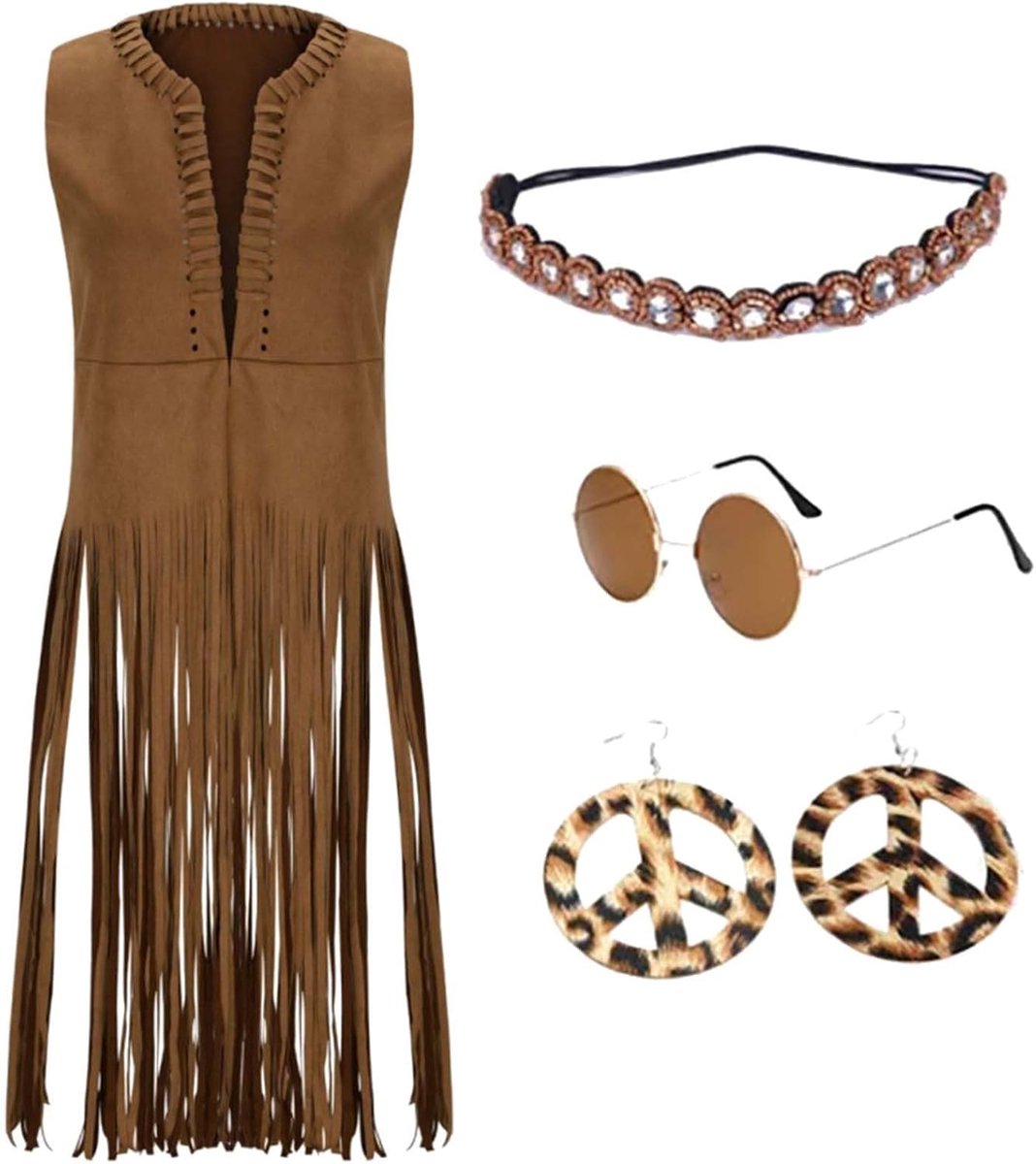 4-delige set voor dames, herfst, winter, etnisch, mouwloos, pompons, vest met franjes, vest, hoofdband, bril, oorbellen