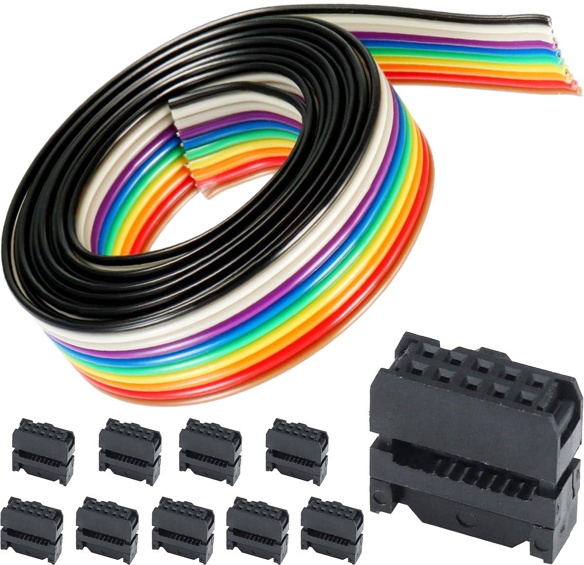 Regenboogkabel in regenboogkleuren, 5 m, 10-polig, IDC, pvc, koper, compatibel met 2,54 mm stekkers met IDC-aansluiting FC-10P