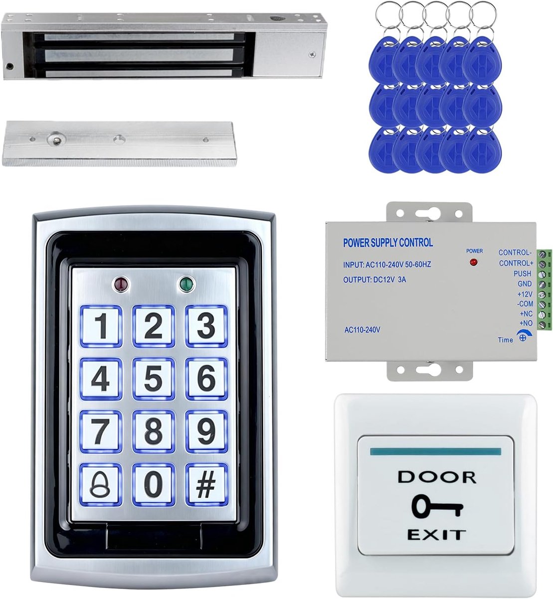 Deurtoegangskit met metalen toetsenbord, 12 V-voeding, 280 kg magnetisch slot van 600 kg, uitgangsknop, 15 ID-sleutelhangers - 1000 gebruikers, kaart/pincode, voor beveiliging van