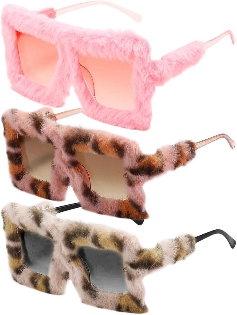 Zonnebril met luipaardprint, oversized pluche zonnebril, zacht en pluizig vierkant montuur, retro bril voor dames, winter, Kerstmis, Halloween