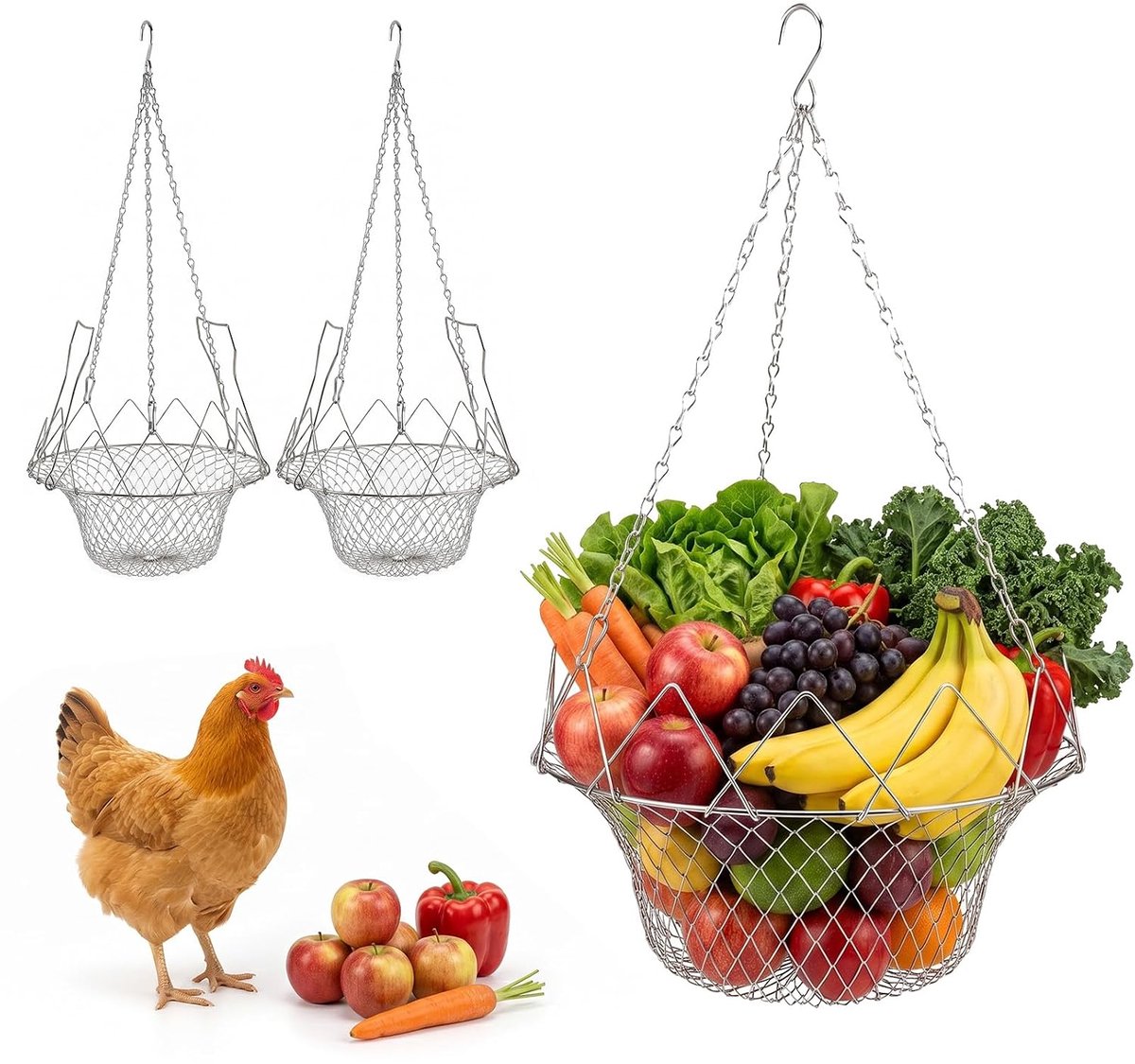 Set van 3 hangende voederbakken voor kippen, voederdispenser voor gevogelte met ophangkettingen, fruit- en groentennet, voermand voor kippen, eenden, ganzen, vogels