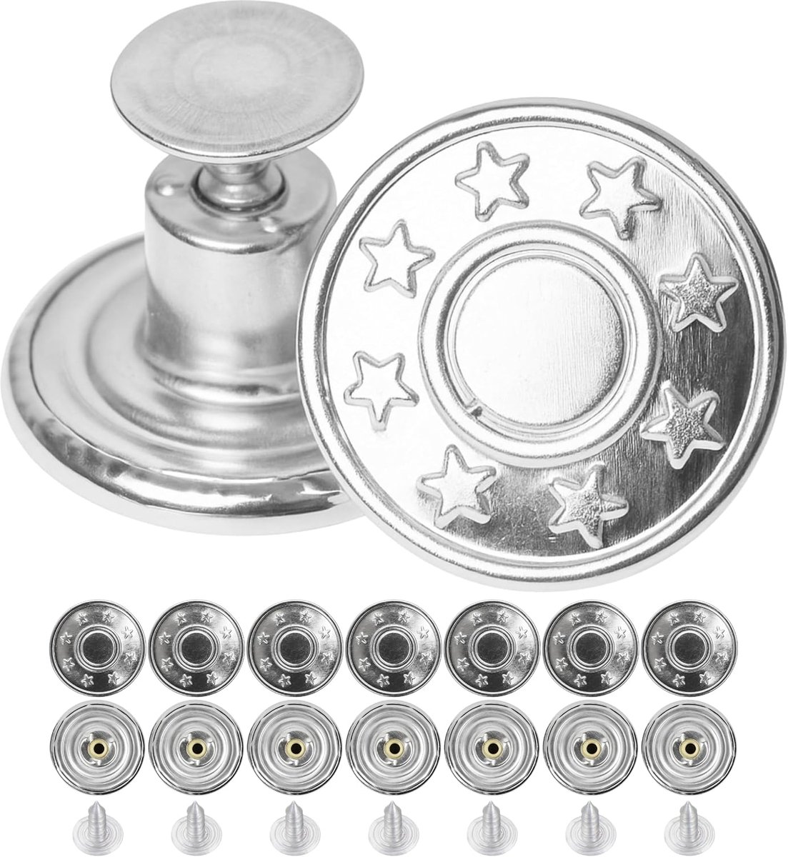 Knopen voor klinken, 8 stuks, Ø 17 mm messing jeansknopen, zilverkleurig, jeansknoop met klinknagels, jeansknoop om in te slaan, metalen broekknoop, broeken breder maken