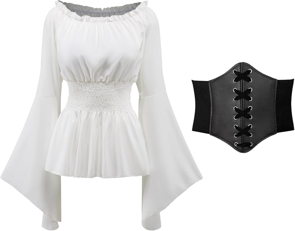Kleding voor dames, middeleeuwse top met lange mouwen en riem, Victoriaans renaissance-kostuum set voor carnaval, Halloween, cosplay