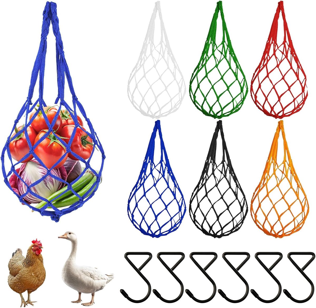 Groentezakken voor gevogelte, 6 stuks, hangende voederdispenser voor groenten en fruit, hangende voederdispenser voor kippen, speelgoed voor kippen (meerdere kleuren)