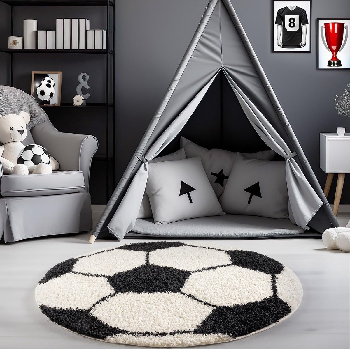 Vloerkleed, Kleur Zwart, voetbal ontwerp, 12333, Vloerkleed Rond, Vloerkleed kinderkamer babykamer, 120 cm Rond