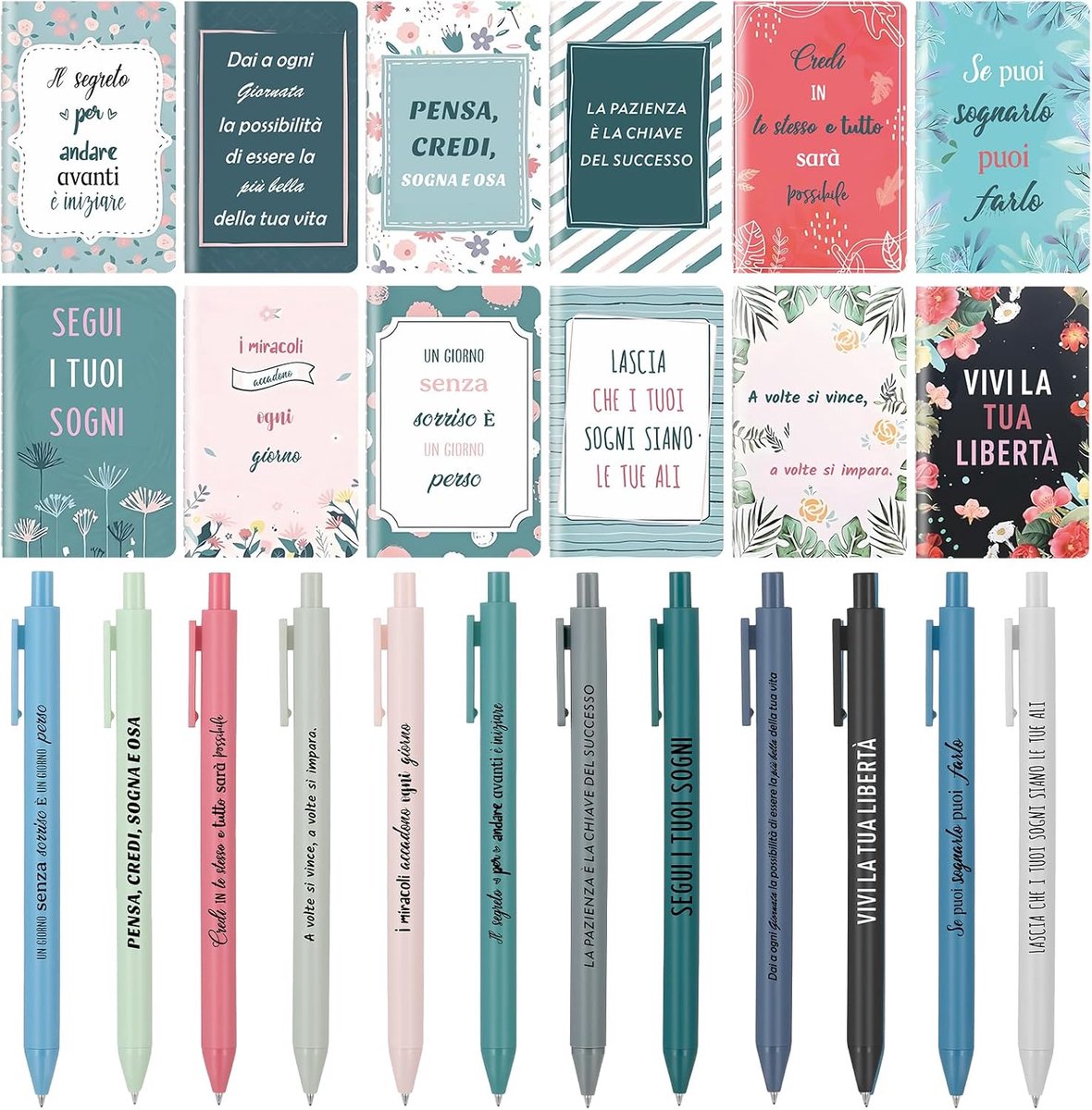 12 cadeausets met inspirerende citaten, bestaande uit 12 notitieboeken en 12 balpennen, cadeau voor collega's, medewerkers, klasgenoten en studenten (Italiaans, 12)