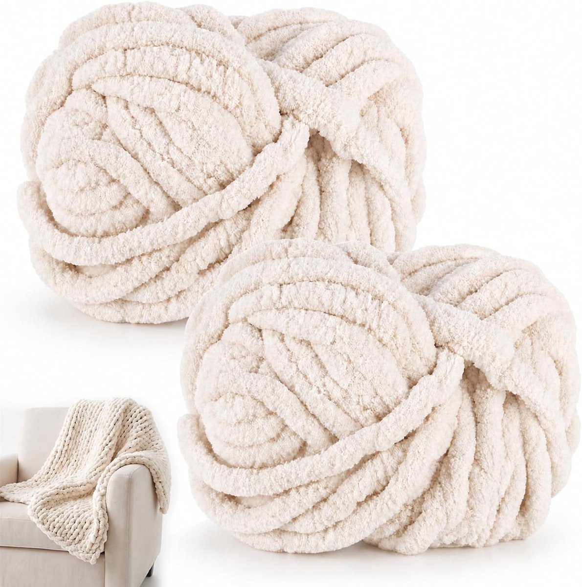 Wol om te breien, 250 g x 2 chunky garen voor handbreien, pluizige zachte wol, XXL-armbreiwol voor het haken van dekens, sjaals, mutsen, huisdiernest (05 beige)