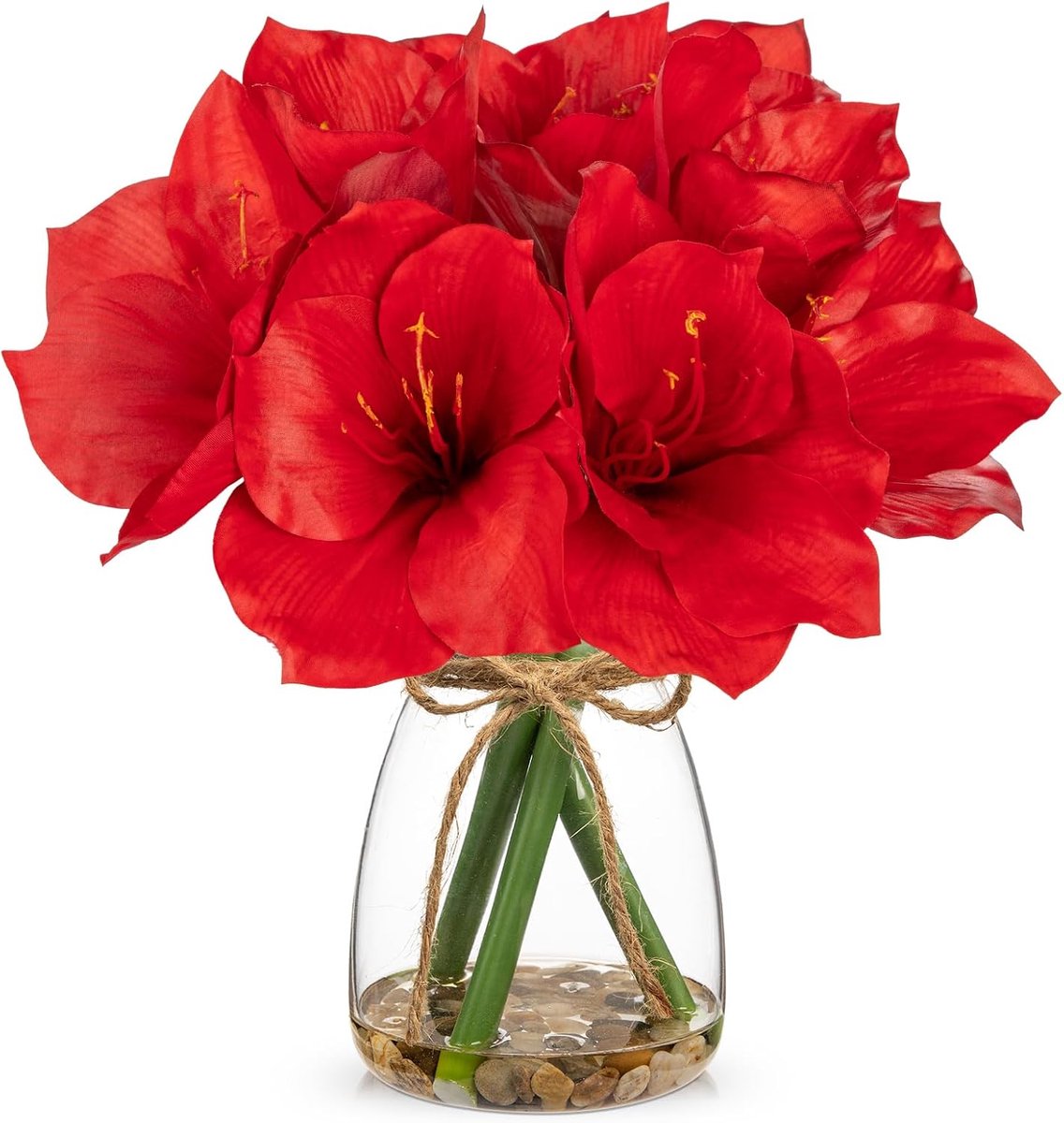 Kunstbloemen in vaas 30 cm rode kunstmatige amaryllisbloemen met glazen vaas, kunstwater, kiezels echte touch lentebloemen voor thuis badkamer tafel middelpunt bruiloft feestdecoraties