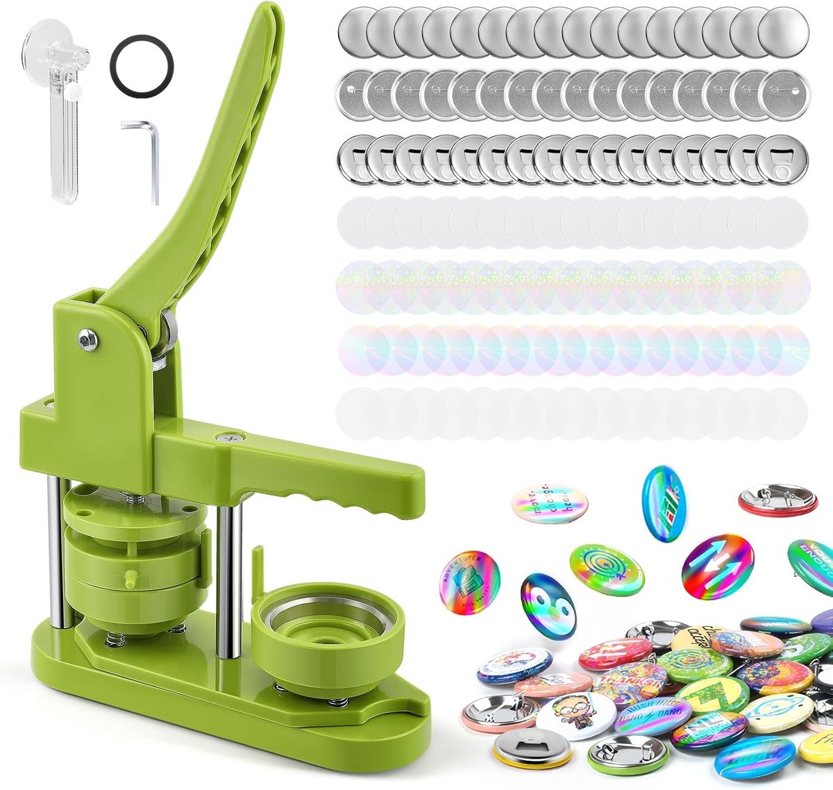 Knoopmachine met 50 sets van 58 mm flessenopener-koelkastmagneten en 58 mm, reversspeld-productieset, KEYSAFER knoppers voor feestjes en geschenken