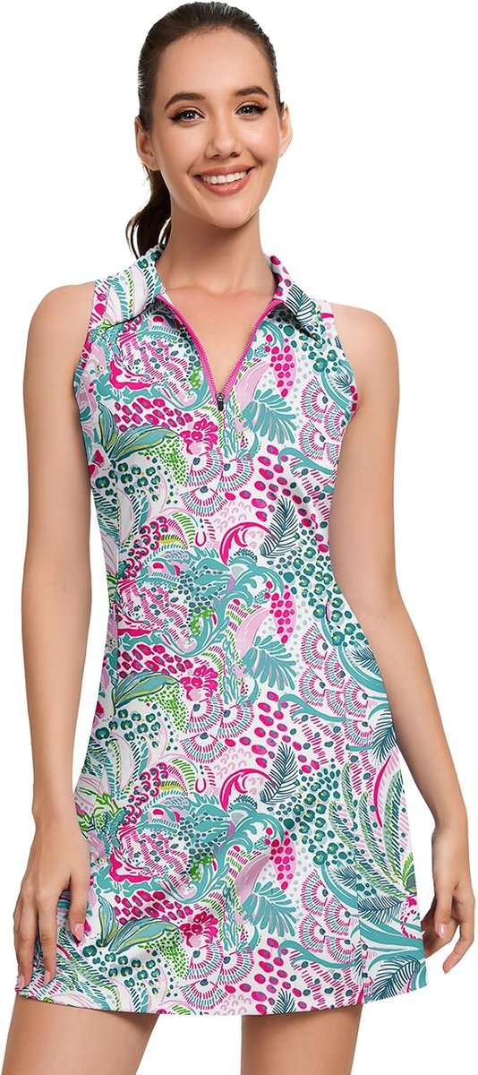 Tennisjurk voor dames met 1/4 ritssluiting, mouwloze sportjurk met geïntegreerde shorts en zakken, golfjurk, tennisoutfit