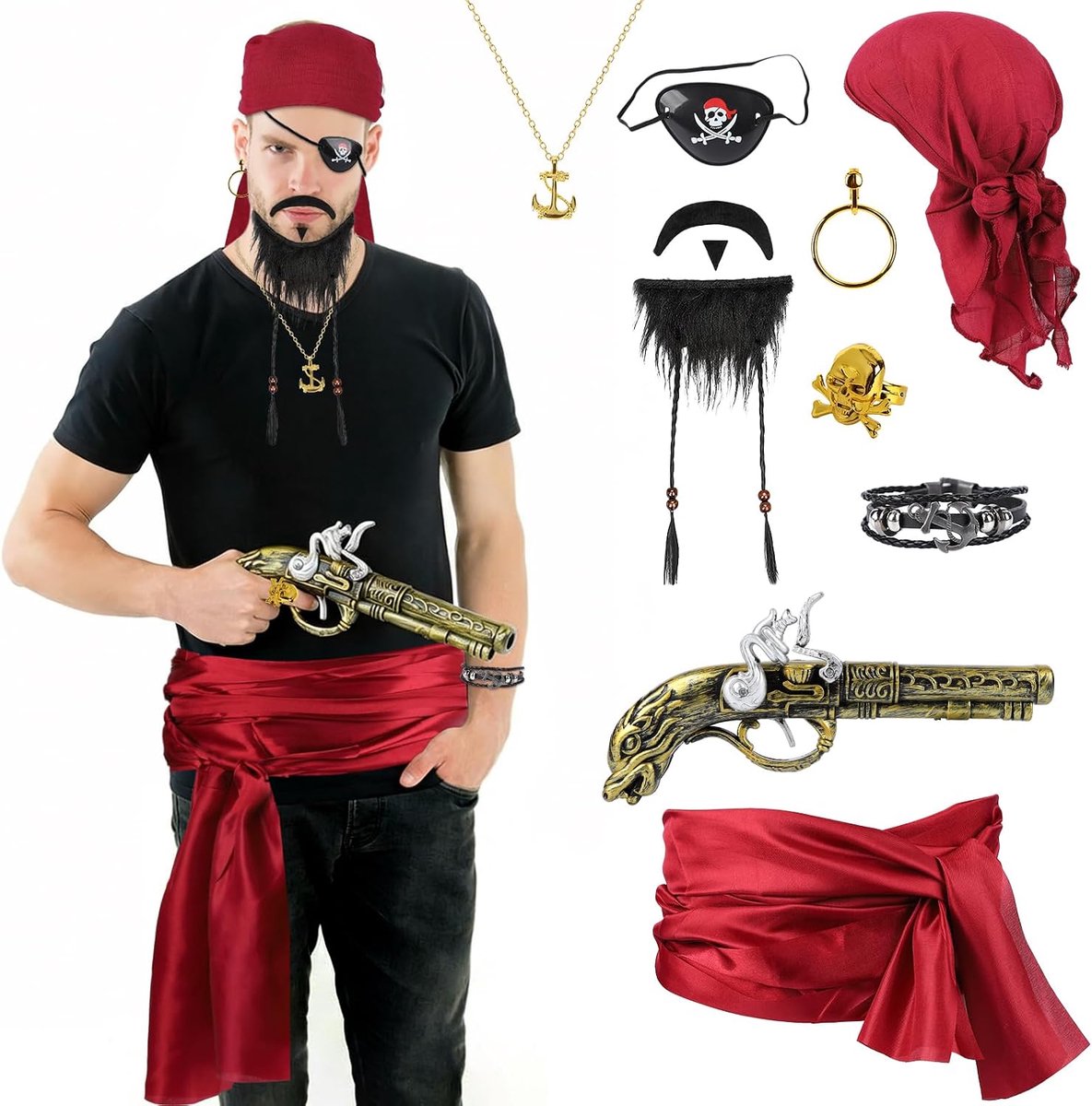11 stuks piratenkostuum voor dames, 9-delig piratenkostuum voor heren, middeleeuws piratenkostuum, accessoireset
