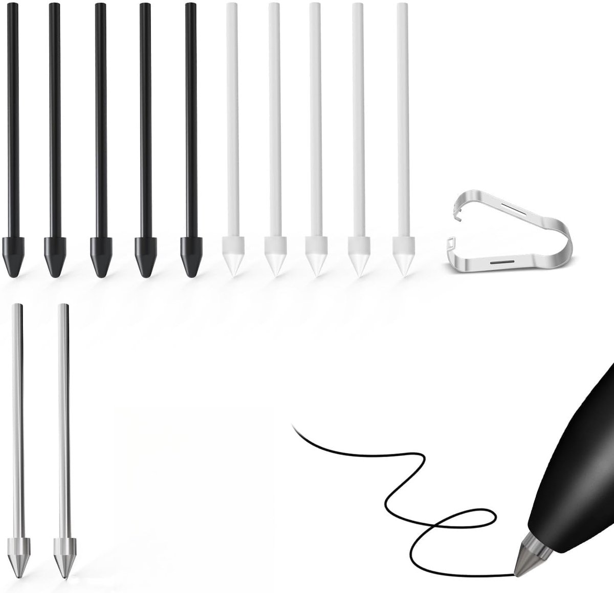 Vervanging voor Kindle Scribe Pen 12 stuks, penpunten compatibel met opmerkelijke 1/2 Plus Stylus 4096 niveaus druk met potloodclip (geen versleten 2 titanium punten, 5 vilten pennen en 5 plastic tips