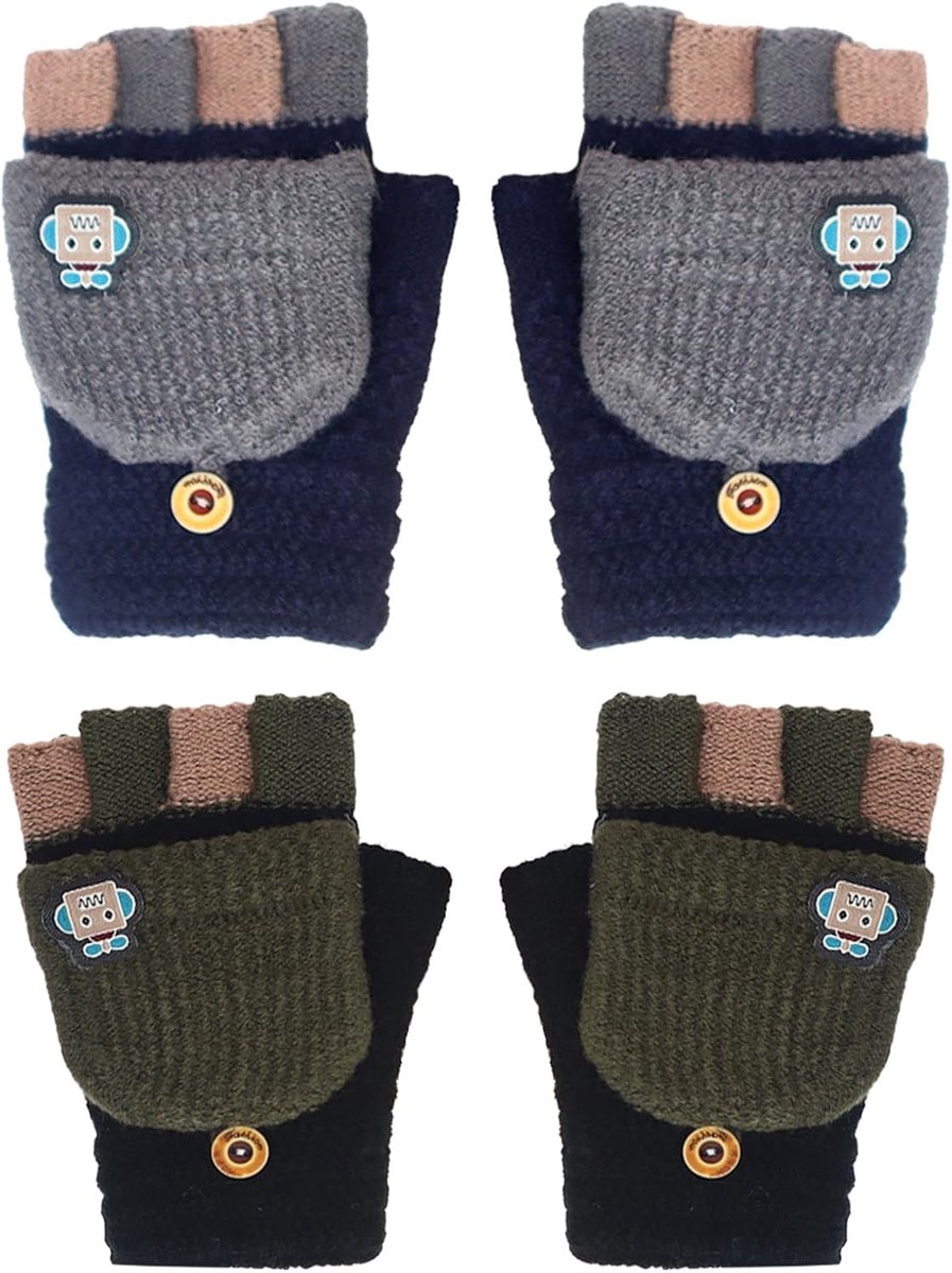 Handschoenen voor kinderen, 6-12 jaar oude jongens kinderhandschoenen winter warme zacht gebreide klapperhandschoenen met schattig cartoon-robotontwerp, marineblauw grijs