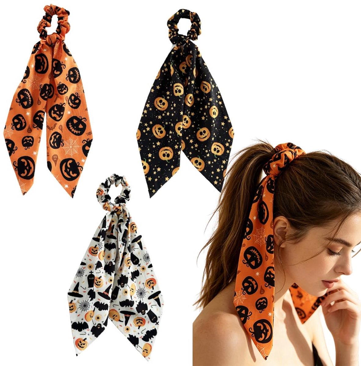 24 Pcs Halloween-scrunchies – Elastische haarelastiekjes met lange linten – Haaraccessoires met print van pompoenen - spoken en spinnenwebben voor paardenstaarten – Halloween-haarversiering voor dames en tienermeisjes