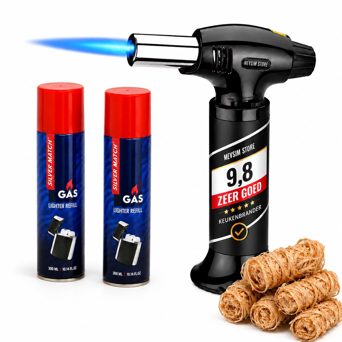 Creme Brulee Brander XL – Gasbrander - Keukenbrander - Campingbrander - Inclusief 2 x 300 ml Gas en 5 Aanmaakwokkels