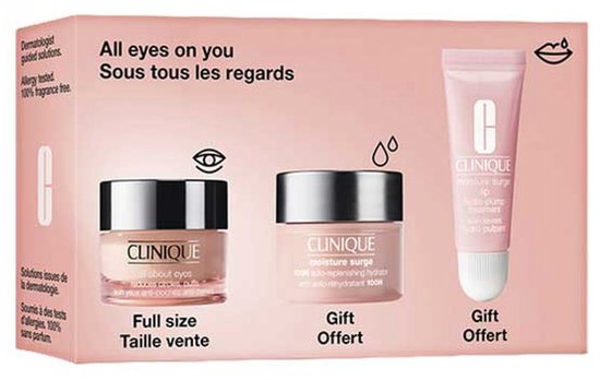 Clinique geschenkset in roze doos met All About Eyes oogcrème, Moisture Surge hydraterende crème en lipbehandeling.