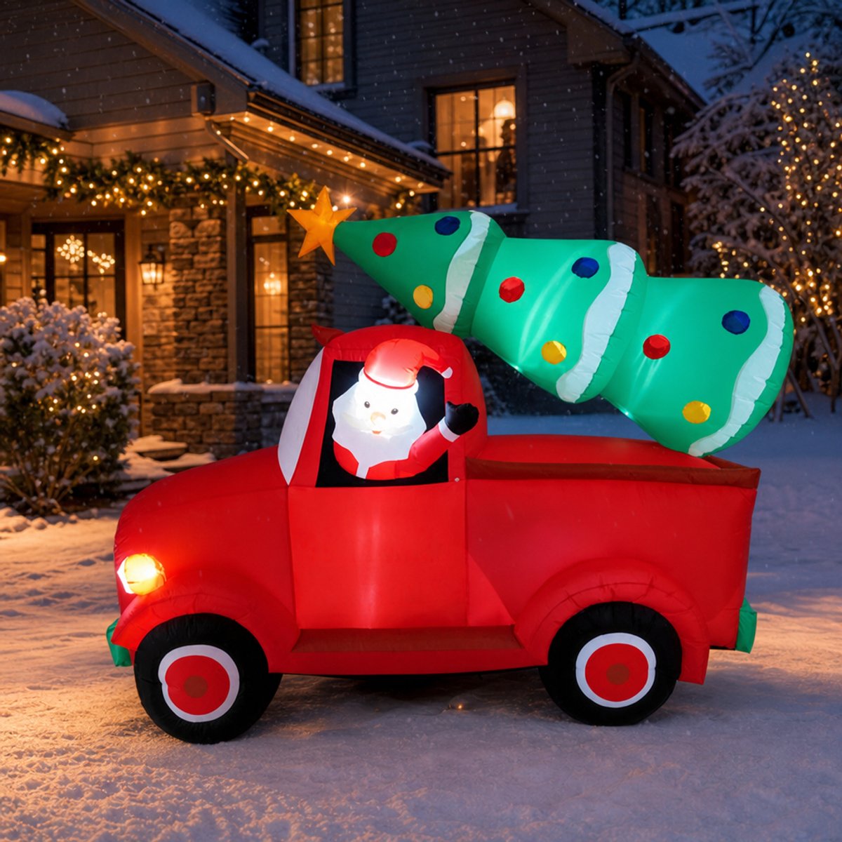 Opblaasbare kersttruck met kerstman en kerstboom - 235 cm breed - met witte LED-verlichting - kerstdecoratie voor tuin & buiten - incl. grondpennen