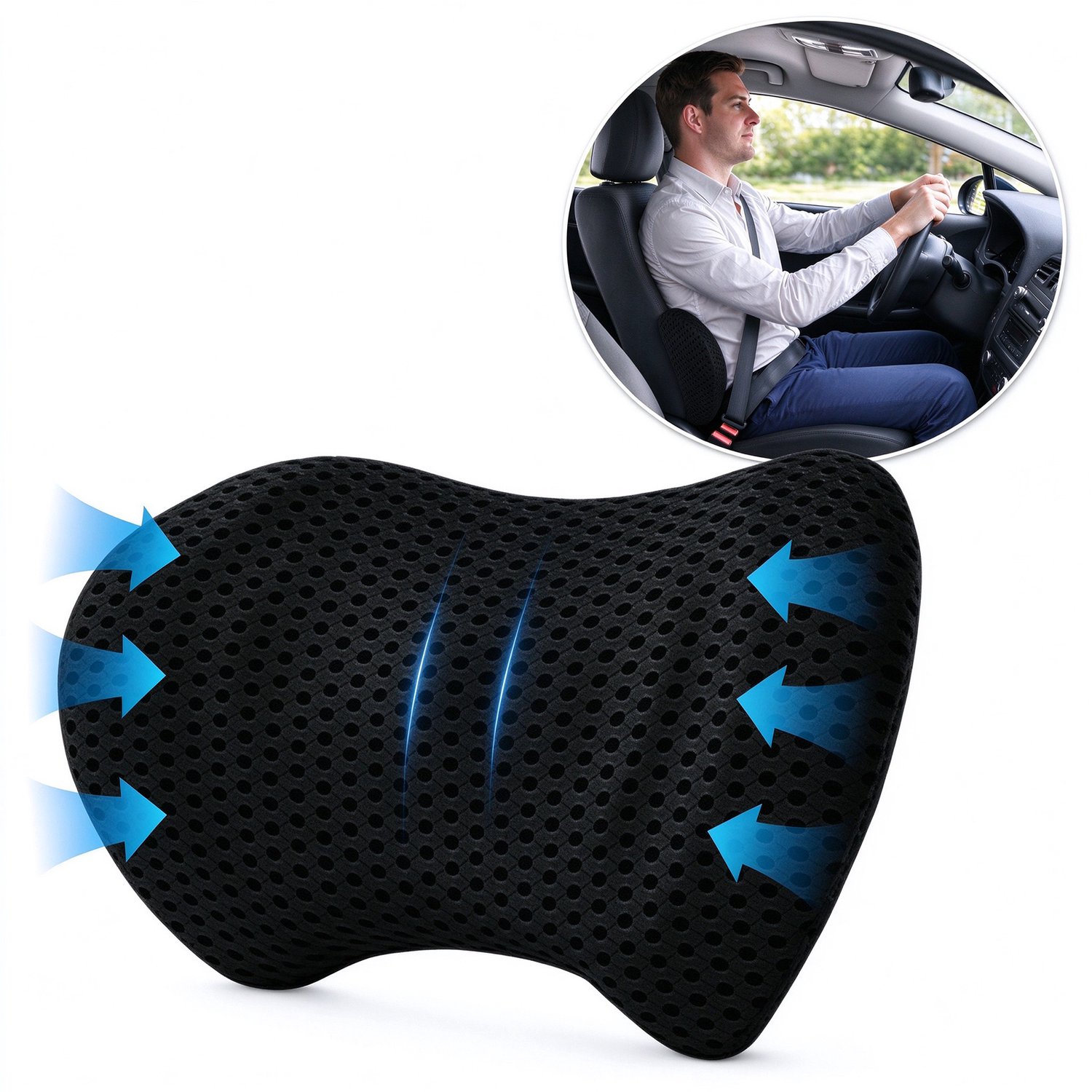 Lifhelpe Ergonomisch Lendenkussen - Traagschuim Rugsteun - 46×22×15 cm - Afneembare Overtrek - Ademend Gaas - Voor Auto Bureaustoel Bank - Zwart