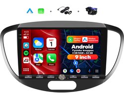 Boscer 2 Din Autoradio - Geschikt voor Hyundai i10 2008-2013 - Draadloos Apple CarPlay & Android Auto - Vernieuwd Bedieningspaneel - 9 Inch HD Touchscreen - Android 15 - 4+64GB - GPS - WiFi, Bluetooth & USB - Achteruitrijcamera & Microfoon