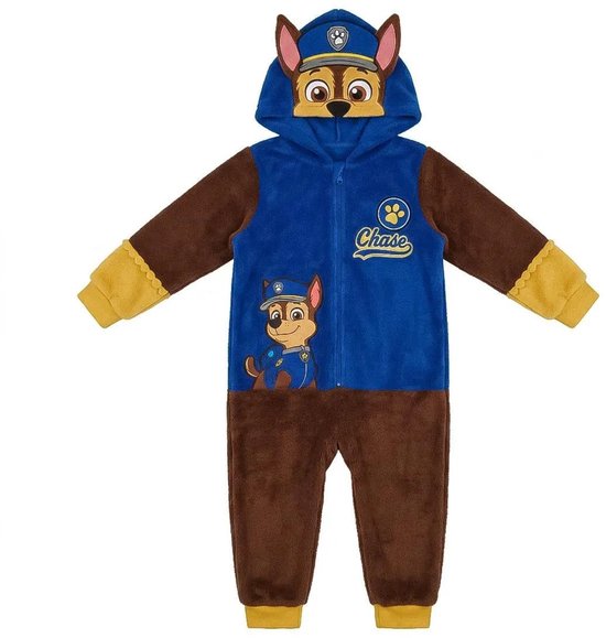 Blauw-bruine Paw Patrol Chase onesie met capuchon, ritssluiting en personage-opdruk.
