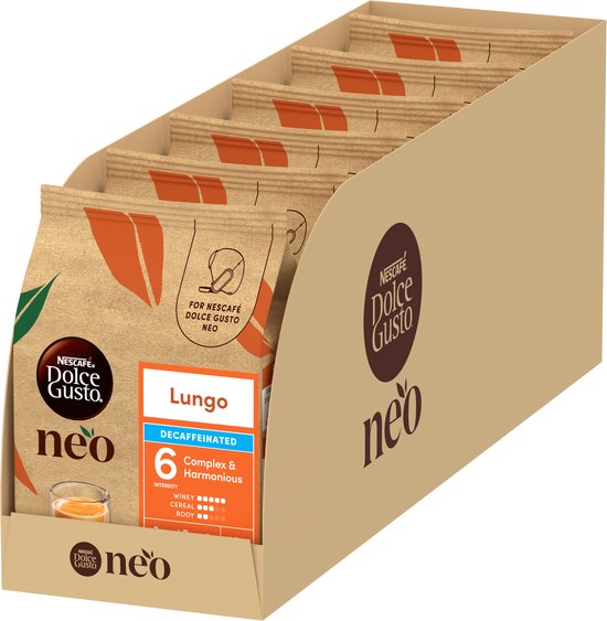 Displaydoos Nescafé Dolce Gusto Neo Lungo Decaf koffiepads met intensiteit 6, complex en harmonieus.
