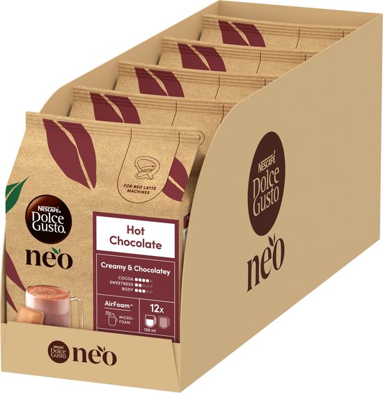 Doos met NESCAFÉ Dolce Gusto NEO Hot Chocolate sachets voor 12 kopjes, met afbeelding van warme chocolademelk.
