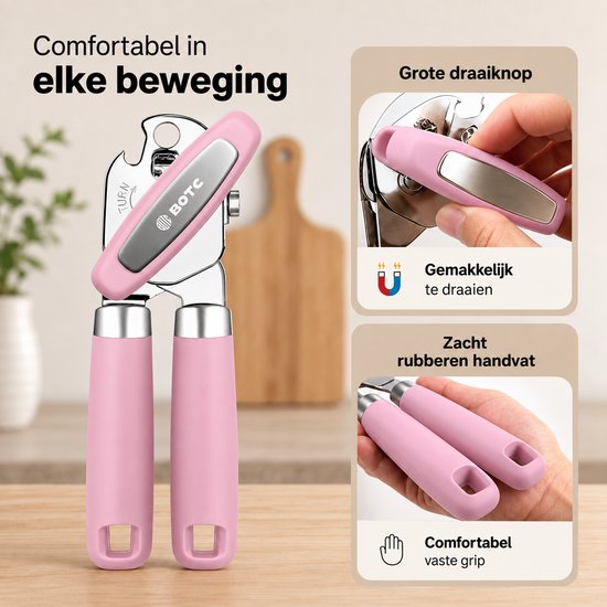 Roze blikopener met zachte rubberen handvaten en grote draaiknop voor een comfortabele grip.