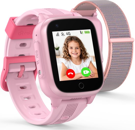 Roze Ralio smartwatch voor kinderen met 4G-beeldbelfunctie en verwisselbare stoffen band.