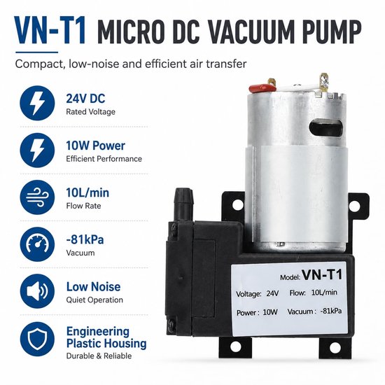 Vacuümpomp DC Mini, 12 V/24 V Micro DC vacuümpomp, industriële pomp met laag geluidsniveau, 10 l/min, stroomregelaar, 81 kpa luchtpomp van kunststof (Dc24v) — afbeelding 2